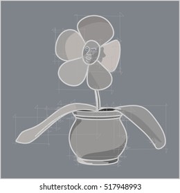flower in a pot, drawing, angry plant, grey, 
leaves