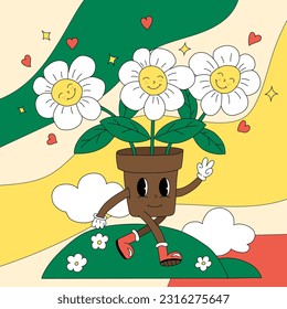 A Flower Pot with Eyes with Smiling Daisies walks around the Field and Makes a Sign of Peace with his hand