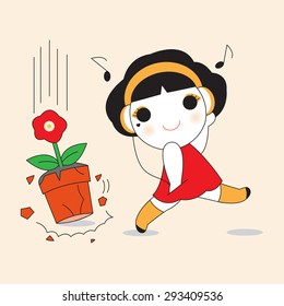 Flower Pot Falling On A Lucky Girl illustration set