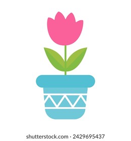 Flower in pot in flat style on white background. Trendy graphic template. Greeting card. Vector illustration.