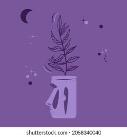 Flower pot in form of head of Moai statue. Houseplant on dark background of starry sky and moon. Mystical esoteric drawing in purple tones. Vector illustration for design.