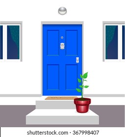 Flower pot in front of a blue door