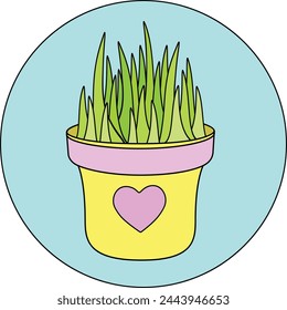 Blumentopf mit Gras-Ikone zum Thema Gartenarbeit mit einer Pflanze - Vektorgrafik-Farbbild. Dekorativer Blumentopf mit Pflanze