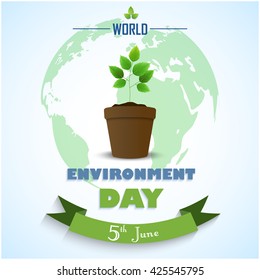 Flower Pot with green ribbon and earth for world environment day.Vector