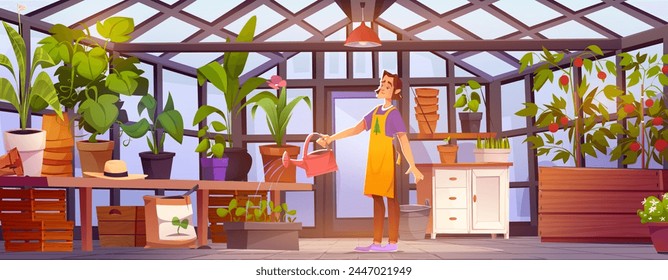 Flower in pot in greenhouse garden interior. Plant nursery on terrace with window cartoon background. Home green glass conservatory farm with flowerpot. Cultivation indoor area on patio with furniture