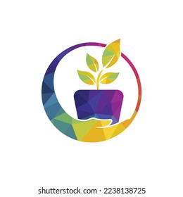 Flower pot in hand vector logo design. Garden care logo design concept.