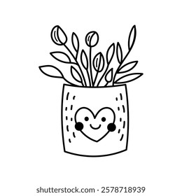 Flower pot with heart outline and smiling face for decoration

