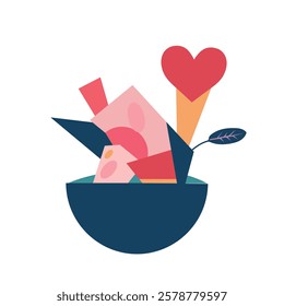 Flower pot with hearts flat icon isolated on white background. Vector illustration Flowers in a vase.  Valentine's day flat icon with heart and love. 