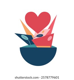 Flower pot with hearts flat icon isolated on white background. Vector illustration Flowers in a vase.  Valentine's day flat icon with heart and love. 