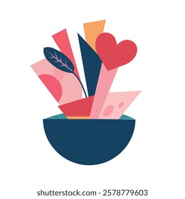 Flower pot with hearts flat icon isolated on white background. Vector illustration Flowers in a vase.  Valentine's day flat icon with heart and love. 