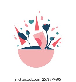 Flower pot with hearts flat icon isolated on white background. Vector illustration Flowers in a vase.  Valentine's day flat icon with heart and love. 