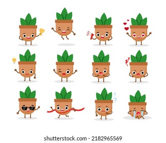 Flower pot with houseplant emoji set characters. Flat vector illustration for web and graphic design