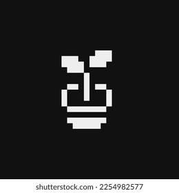 Flower pot with houseplant, pixel art 1-bit icon, eco symbol, isolated vector illustration. Interior detail. Game assets. 
