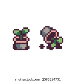 Flower pot with houseplant, plant pixel art icon, isolated vector illustration. Interior detail. Game assets. 8-bit.