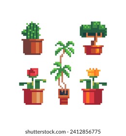 Flower pot with houseplant, plants pixel art icon, bonsai tree, isolated vector illustration. Interior detail. Game assets. 8-bit. Knitted design. 