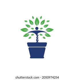 Flower pot and Human plant logo. Growth vector logo. Spa wellness logo concept.	