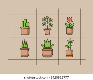 flower with pot icon asset graphic collection  with natural  color