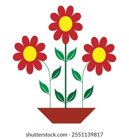 Flower pot icon. Beautiful bouquet of bright flowers isolated on white background. Bright red daisy flowers in a decorative red ceramic pot. Vector illustration.