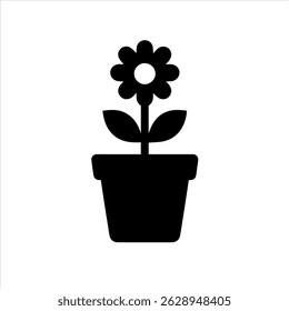 Flower Pot Icon – Black Silhouette Vector with Blooming Plant on White Background