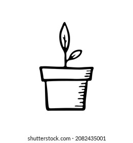 Flower Pot Icon. Plant, Seedling. Black Ink Outline Linear Sketch Drawing. Front Side View. Vector Simple Flat Graphic Illustration. The Isolated Object On A White Background. Isolate.