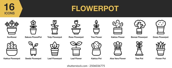 Flower Pot icon set. Includes cactus, leaf, rose, sakura, seeds, tree pot, tulip, and More. Solid icons vector collection.