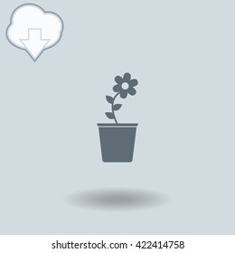 Flower pot icon with shadow. Cloud of download with arrow.