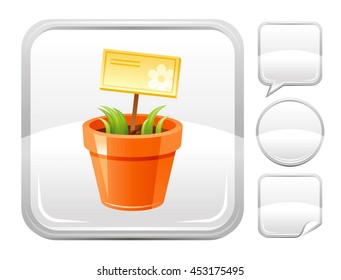 Flower pot icon with sprouting plant and lettering plate, season concept, summer, spring or autumn  gardening, farming. Blank button forms set - square, speaking bubble, circle, sticker
