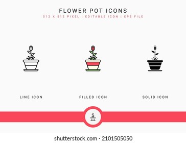 Los iconos de las macetas de flores establecen la ilustración vectorial con el estilo de línea de icono sólido. Concepto de agricultura de jardinería vegetal. Icono de trazo editable en fondo aislado para diseño web, interfaz de usuario y aplicación móvil