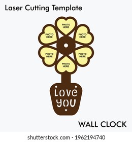 Flower pot laser cutting wall clock for wall and home decor with 6 photos. vector wall clock template for mdf and acrylic cutting. Living room decor wall clock cut file.