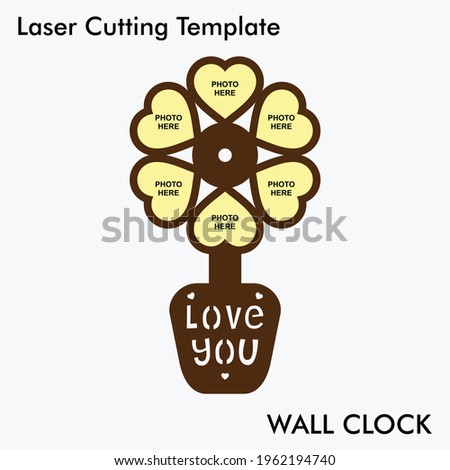 Flower pot laser cutting wall clock for wall and home decor with 6 photos. vector wall clock template for mdf and acrylic cutting. Living room decor wall clock cut file.