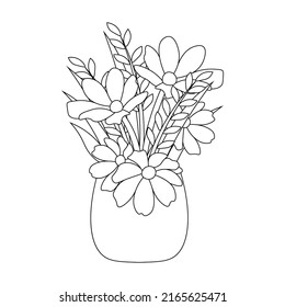 flower pot with line art drawing flower coloring page with leaves