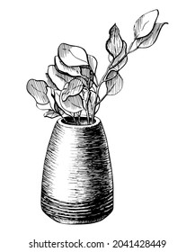 Flower in a pot line graphic drawing. Tree branch in a vase vector hand drawn illustration. Nature spring sketch of a plant isolated on white background