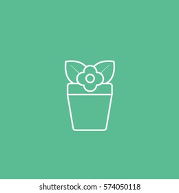 Flower In Pot Line Icon On Green Background