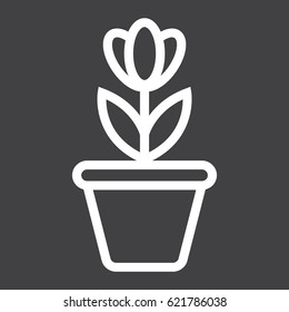 Flower in pot line icon, plant and decor element, vector graphics, a linear pattern on a black background, eps 10.