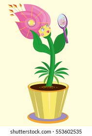 The flower in a pot looks in a mirror