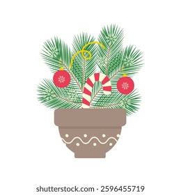 Flower pot Mocha Mousse painted Candy Cane and Spruce twigs decorated New Year decor and snowflakes