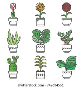 Flower pot modern linear icon with flat design and outline
