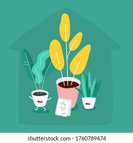 flower in pot notes call to work from home. Vector illustration.