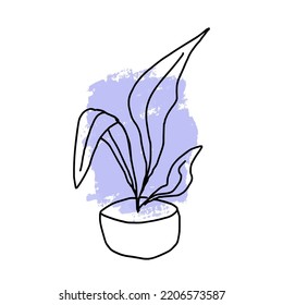 A Flower In A Pot On The Background Of A Purple Paint Spot. Doodle Potted Flowers On A Background Of Paint Stains. Vector Doodle On The Background Of A Paint Spot.