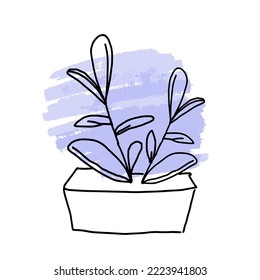 A Flower In A Pot On The Background Of A Purple Paint Spot. Doodle Potted Flowers On A Background Of Paint Stains. Vector Doodle On The Background Of A Paint Spot.