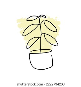 Una flor en una olla sobre el fondo de una pintura amarilla. El perro machacó flores sobre un fondo de manchas de pintura. Doodle vectorial sobre el fondo de un punto de pintura.