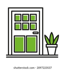 Flower pot on the doorstep near the door. Green and white illustration with black outline. Simple flat three color vector icon for website, app, print, presentation, and more