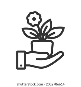 Flower in a pot on hand. Planting icon design isolated on white background. Vector illustration