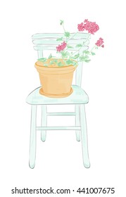 Flower pot on a light blue chair. Artistic style hand drawn vector illustration. Smeared gentle colors.  