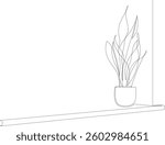Flower pot on window sill, continuous line art illustration of plant on white background with copy space.