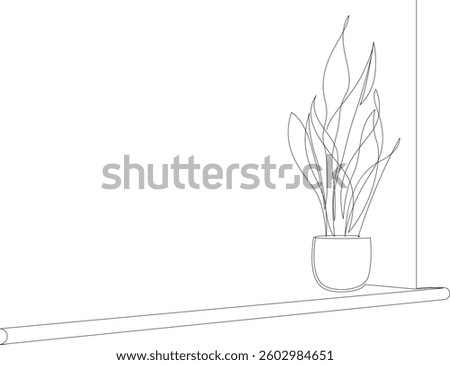 Flower pot on window sill, continuous line art illustration of plant on white background with copy space.