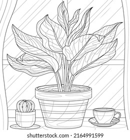 
Flower in a pot on the windowsill and a cup of coffee.Coloring book antistress for children and adults. Illustration isolated on white background.Zen-tangle style.