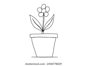 Flower in a pot, one line drawing vector illustration.
