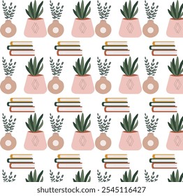 flower pot pattern and book, with white background with house plants in flower pots. Urban jungle, home gardening. 