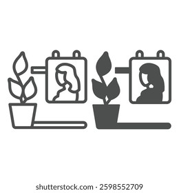Flower pot with picture of girl line and solid icon, exhibition concept. Vector graphics. Woman wall portrait and pot with plant sign on white background, outline style icon for mobile or web design